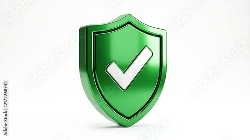 Shiny green safety shield displaying a bold white check mark for quality assurance, insurance, and system verification graphics.