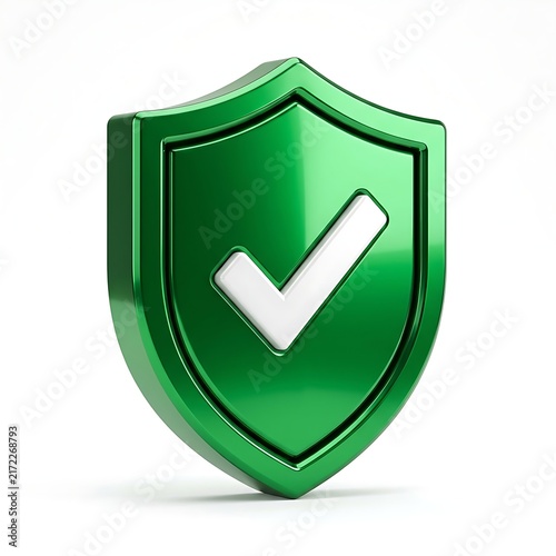 Clean 3D green safety badge with a white check mark icon for cybersecurity solutions, risk management, and verified approval.