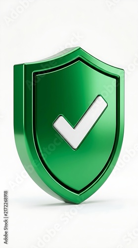A 3D metallic green shield featuring a prominent white check mark.