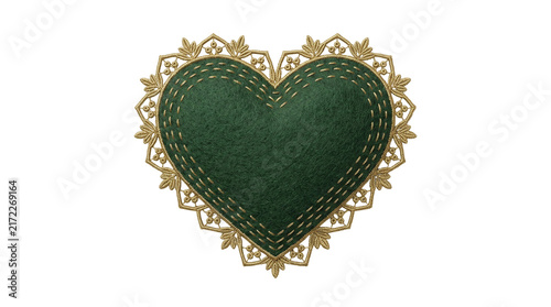 Bild auf Leinwand Vintage green felt heart with gold lace trim, rustic stitched fabric heart icon,