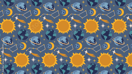 Vector seamless pattern with planets of Earth and Saturn, Sun, Moon, eclipse, stars, constellation, comets in cartoon hand drawn style. Template in a charming outer space aesthetic with cosmic objects