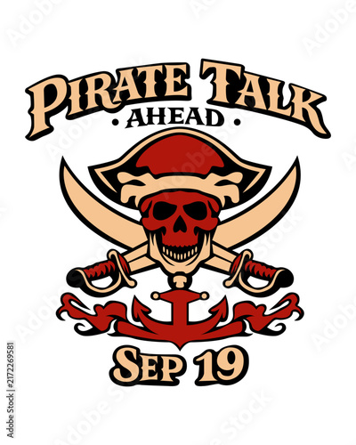 Retro pirate skull and crossed sword emblem with bold typography and anchor illustration