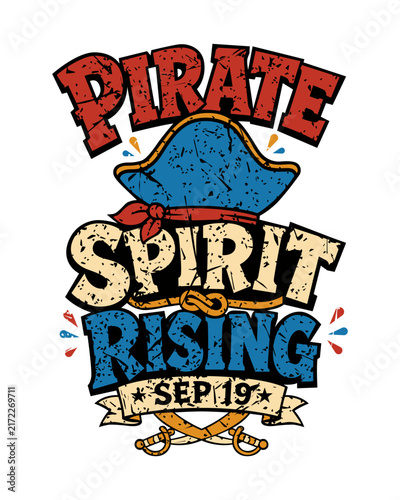 Vintage nautical pirate design featuring bold typography, sailor hat, swords and decorative banner