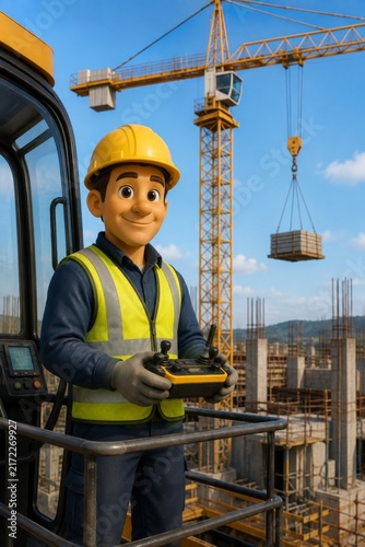 Construction Worker Operating a Crane on Site