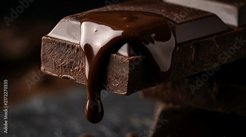 Rich dark chocolate bar with melted chocolate dripping down its side, creating a delicious and tempting visual.