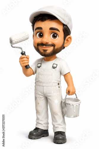3D Painter Character With Paint Roller And Bucket