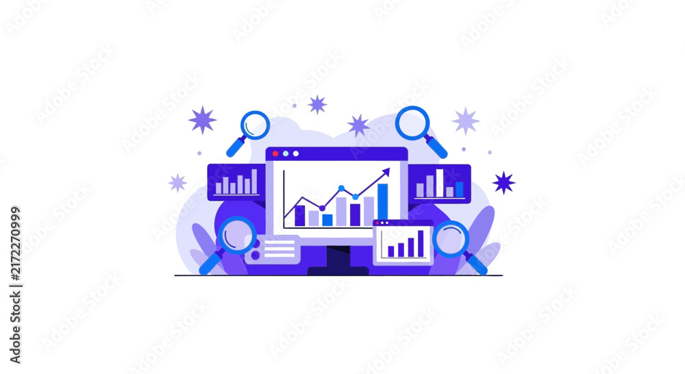 Obraz premium Data Analysis and SEO Analytics Dashboard Concept with Business Charts and Magnifying Glasses Illustration