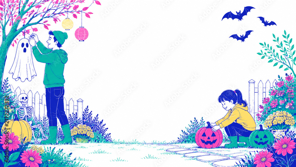 Fototapeta premium 庭でかぼちゃやおばけを飾り付けしてハロウィンの準備をする男の子と女の子のイラスト generative ai