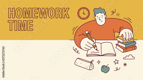 Homework time vector illustration, student boy studying at desk with books. Educational banner with school supplies and learning concept.