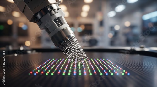 Robotic micro assembly arm placing microscopic led components on a high tech circuit board for display manufacturing in an automated factory environment