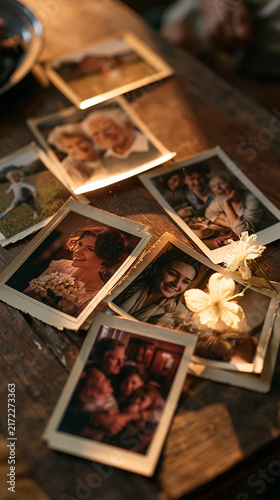 Faded Memories: A collection of vintage photographs scattered on a wooden surface, evoking nostalgia and cherished moments from the past, bathed in warm, dappled light.
