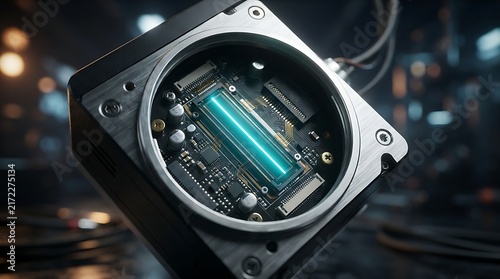 Close up of an advanced industrial camera sensor component with glowing blue light inside a metallic frame in a dark technological research laboratory