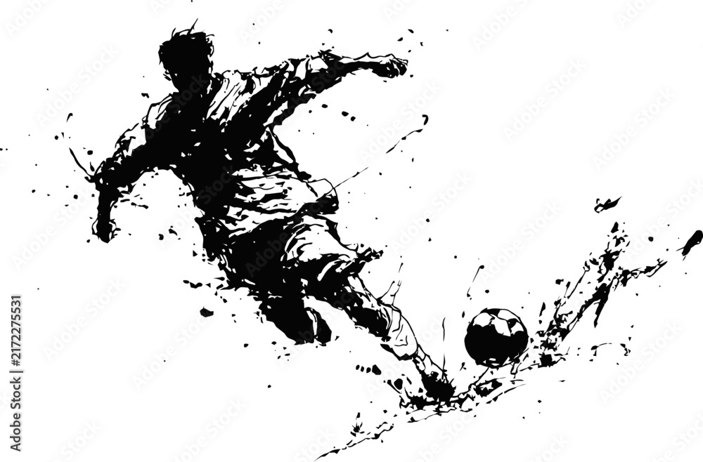 Obraz premium Dynamic soccer player kicking ball with splatter ink effect, black and white sport illustration