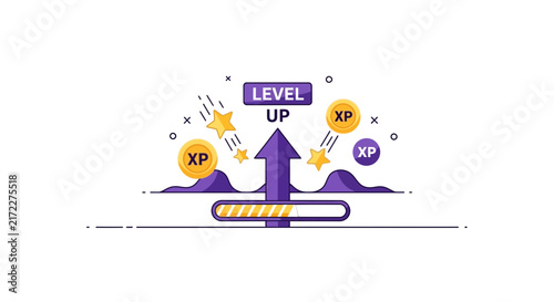 Level up gaming icon with progress bar, XP coins, and stars vector