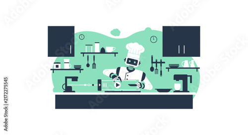 AI Robot Chef Interacting with Digital Video Interface in Kitchen Illustration