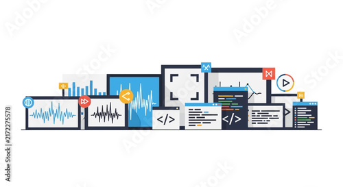 Multimedia Software Development and Digital Content Creation Flat Illustration