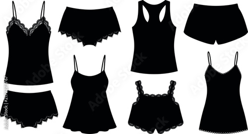 Photography Black silhouettes of lingerie and sleepwear items are displayed on a white backg