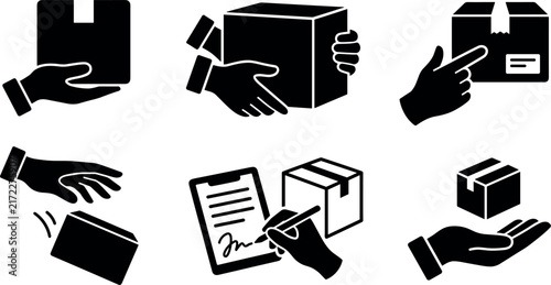 Shipping package handling icons depict delivery fragile goods and receiving processes in black silhouettes