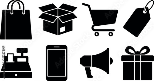 Collection of black shopping bag cardboard box cart tag register phone megaphone and gift silhouettes on a white background