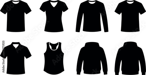Collection of black shirt silhouettes displayed against a plain white background showcasing various styles