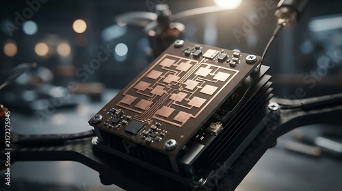 Close up view of a high precision drone flight controller circuit board with copper antenna arrays mounted on a carbon fiber frame in a workshop setting