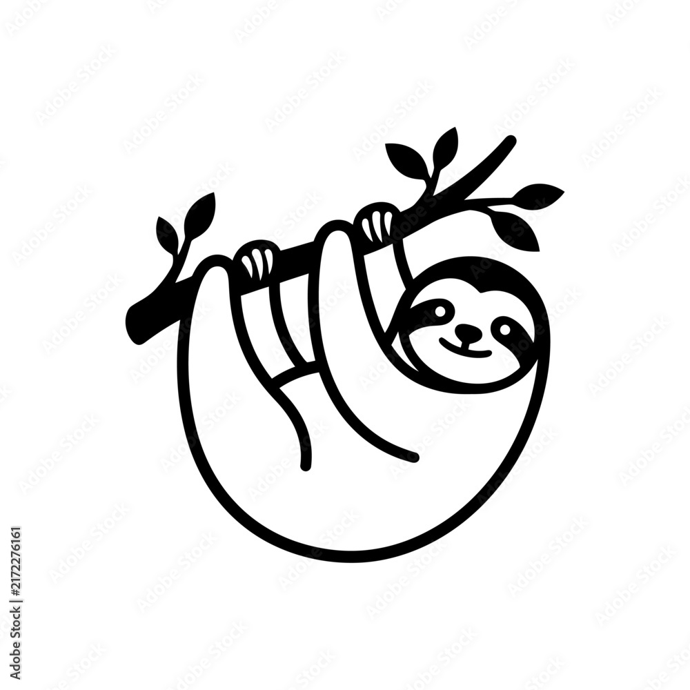 Naklejka premium Cute cartoon sloth hanging from a tree branch simple graphic art