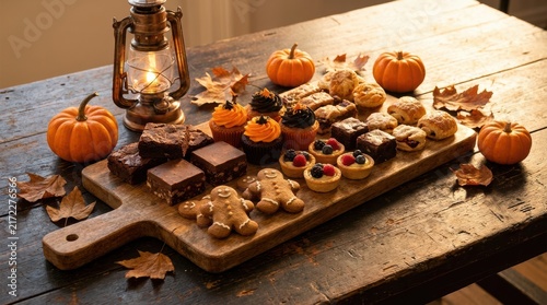 Wooden serving board with autumn cookies brownies and gingerbread men