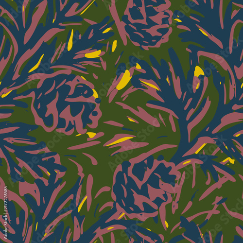Abstract Cupressus macrocarpa cypress needles and cones seamless repeat pattern. Hand-drawn botanical brush strokes for fabric and wrap.