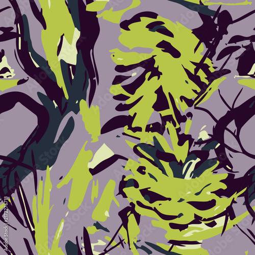 Seamless artistic pattern of lodgepole pine (Pinus contorta var. latifolia) brush strokes in green, purple, and black for textile and print design.