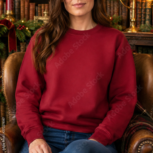 A woman in a cozy red sweatshirt sitting comfortably in a vintage library setting, surrounded by books and warm decor.