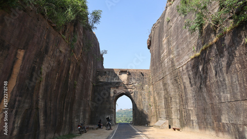 Massive Rock-Cut Kati Ghati Gateway in Chanderi, Madhya Pradesh, India.