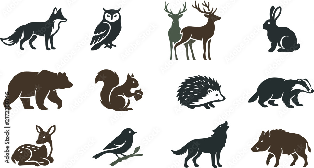 Fototapeta premium Flat vector icons of forest animals and wildlife silhouettesPrint