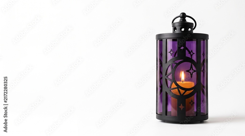 Obraz premium Decorative black lantern with purple glass and glowing candle inside isolated on white background