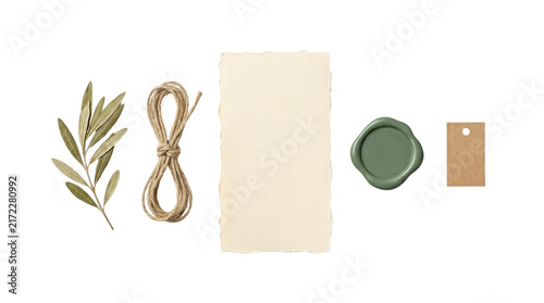 Rustic wedding stationery mockup elements, handmade deckle edge paper with olive branch, green wax seal and twine on white background