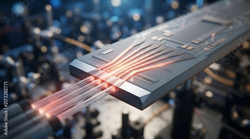 Advanced photonic integrated circuit chip with fiber optic cables transmitting glowing light signals for high speed data communication and computing