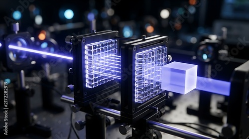 Advanced laser physics experiment with glowing optical components and light beam manipulation in a modern laboratory research setting