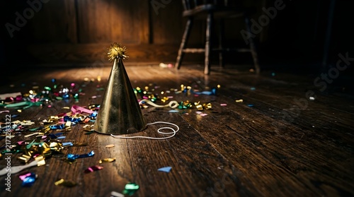 Golden party hat on a rustic wooden floor with colorful confetti after event