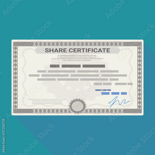 Corporate share certificate financial security document on teal background representing equity ownership, company capital investment, and shareholder assets