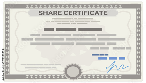 Corporate share certificate financial security document representing equity ownership, company capital investment, and shareholder assets (cut out)