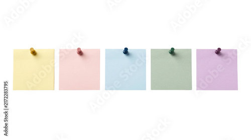 Obraz na płótnie Colorful sticky notes with push pins on white background, pastel adhesive memo p