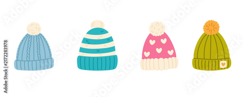 A set of children's hats with pom-poms. Perfect for stickers, seasonal branding, and children's books.
