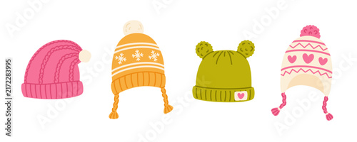 A set of children's hats with pom-poms. Perfect for stickers, seasonal branding, and children's books.