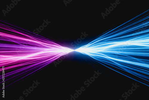 Converging purple and blue light streams form a dynamic abstract visual on a dark background, showcasing bright glowing lines and vibrant color contrast.