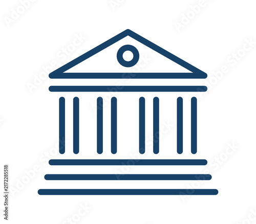 Bank building icon, line art classical column facade symbol, finance, government and financial institution concept flat illustration on white background.
