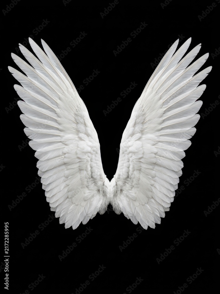 Naklejka premium Pair of Large White Angel Wings Isolated on Solid Black Background for Graphic Design and Symbolic Concepts