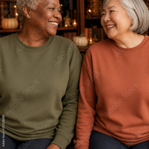Two joyful senior women sharing smiles together in a cozy, warm home environment, showcasing friendship and connection.