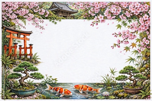 A beautiful Japanese garden border featuring cherry blossoms, a traditional red Torii gate, bonsai trees, and swimming koi fish around a blank center copy space for custom design.
