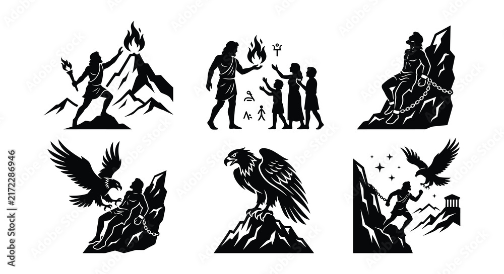 Fototapeta premium Mythological scenes with eagles and human figures black vector silhouettes
