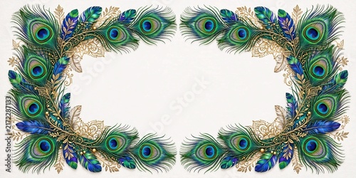 A elegant panoramic border featuring symmetrical peacock feathers and intricate golden filigree, forming a luxury frame around a white center space for custom design.