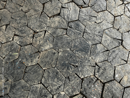 Wooden Tiled Floor of Hexagonal Blocks. Pattern of Natural Textured Background.      